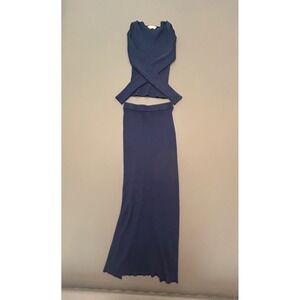 Olive + Oak Navy Blue Ribbed Knit 2 Piece Set Crop Top Maxi Skirt Front Slit XS